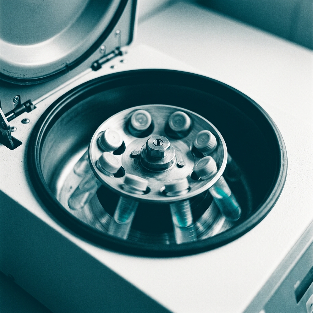 Centrífuga del laboratorio en detalle, tonos teal sobre off-white.