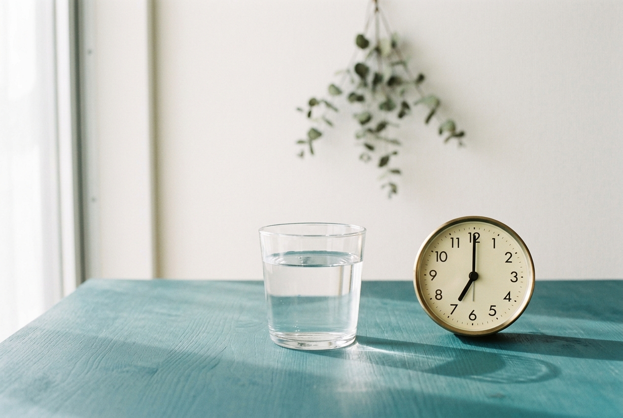 Vaso de agua y reloj, símbolo del ayuno previo al análisis.